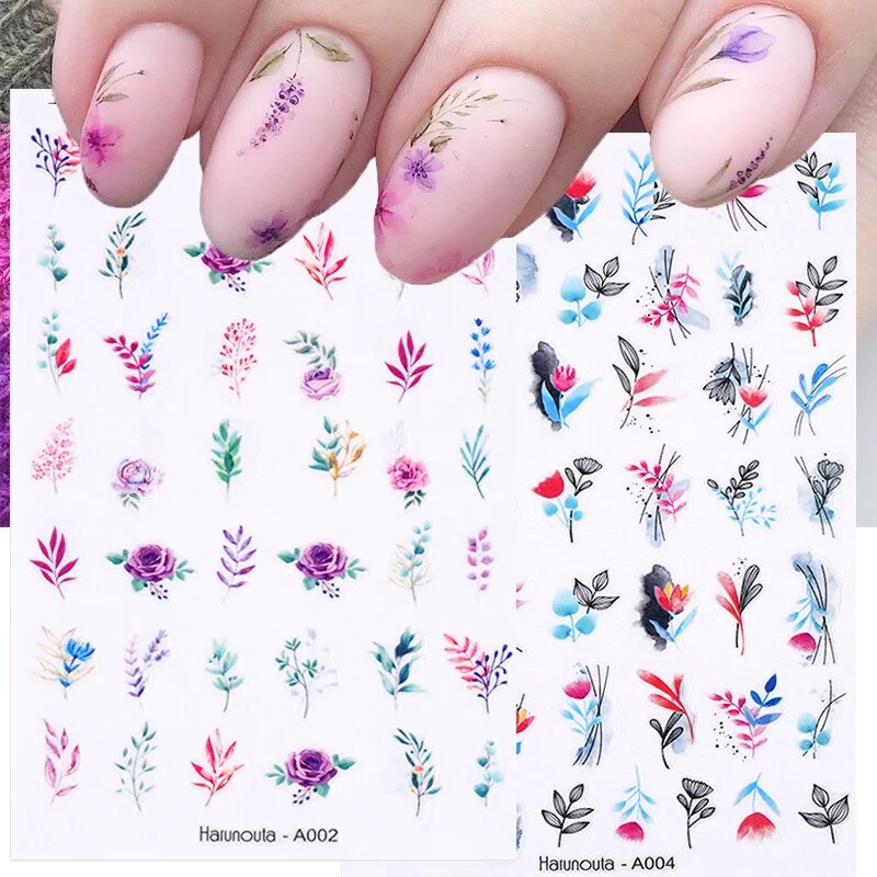 1PC Leaves Flowers Ink Blooming Nail Sticker 3D Geometric Lines Decals Summer DIY Slider For Manicuring Nail Art Watermarks
