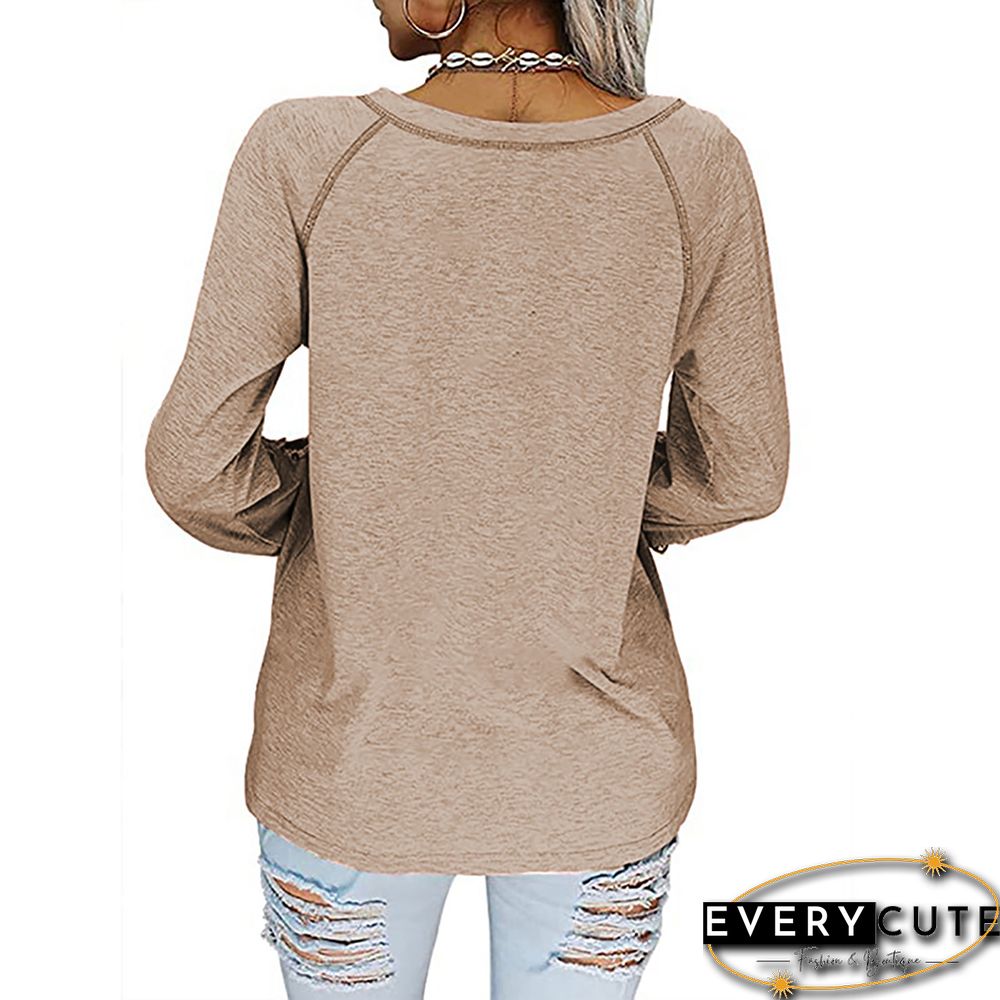 Khaki Splice Lace Lantern Long Sleeve Top