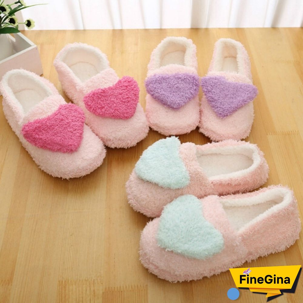 Lovely Big Heart-Shaped Women Slippers Warm Soft Sole Plush Home Floor Covered Heel Shoes