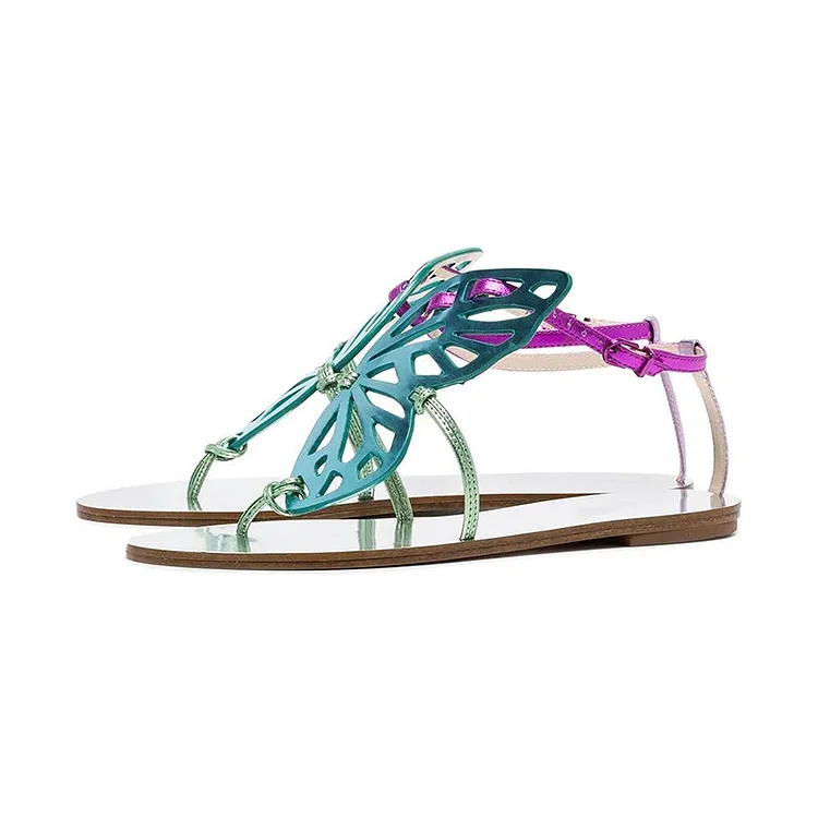 Cyan and Purple Butterfly Flat Thong Sandals |FSJ Shoes