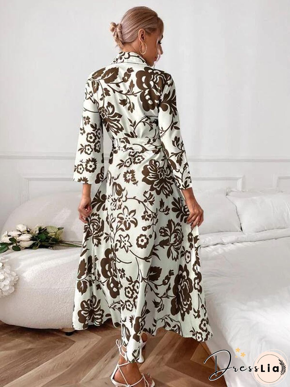 Flower Printed Lapel Slim Dress