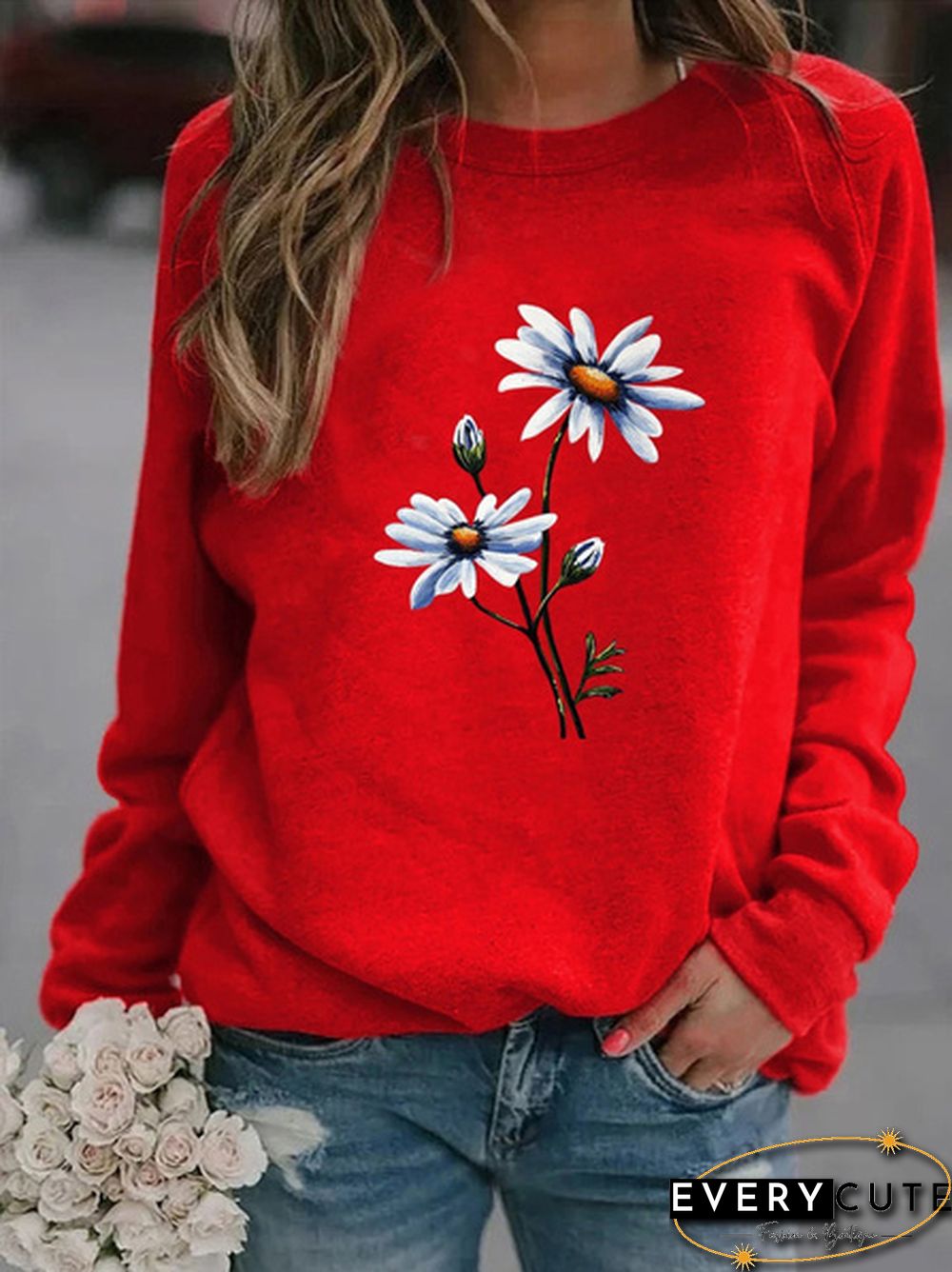 Womens Fashion Spring and Autumn Clothing Flower Print Casual Sweatshirt Long Sleeve