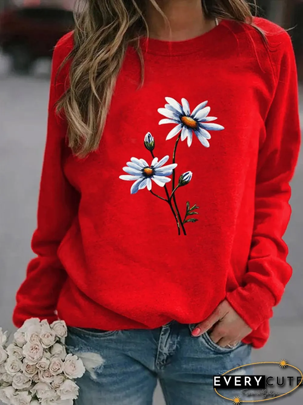 Womens Fashion Spring and Autumn Clothing Flower Print Casual Sweatshirt Long Sleeve