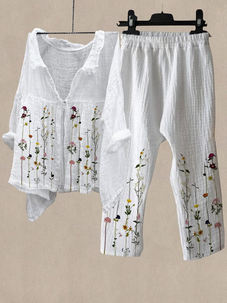Linen Women's Flower Print Casual Two Pieces Set
