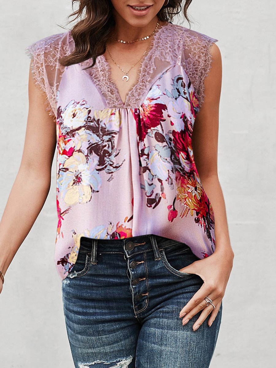 Women V-neck Sleeveless Lace Tops