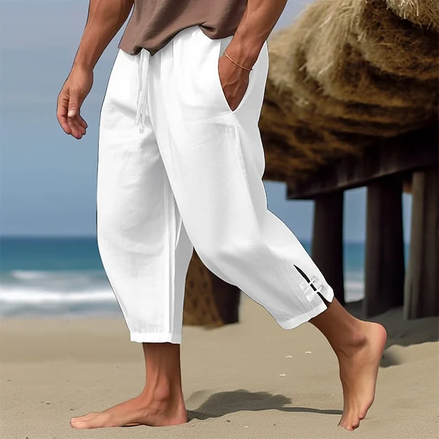 Men's Linen Pants Summer Pants Beach Pants Capri Pants Plain Drawstring Elastic Waist Calf-Length Comfort Breathable Linen / Cotton Blend Casual Daily Holiday Fashion Classic Style Black White
