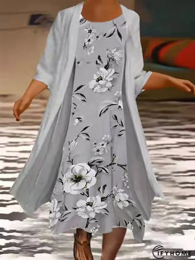 Women's Plus Size Curve Two Piece Dress Floral Round Neck Print 3 4 Length Sleeve Spring Summer Work Casual Midi Dress Casual Daily Dress | IFYHOME