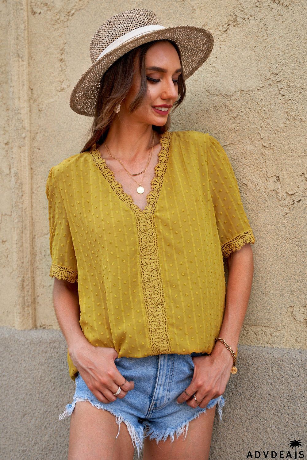 Chic Yellow Lace Splicing V-Neck Swiss Dot Short Sleeve Blouse