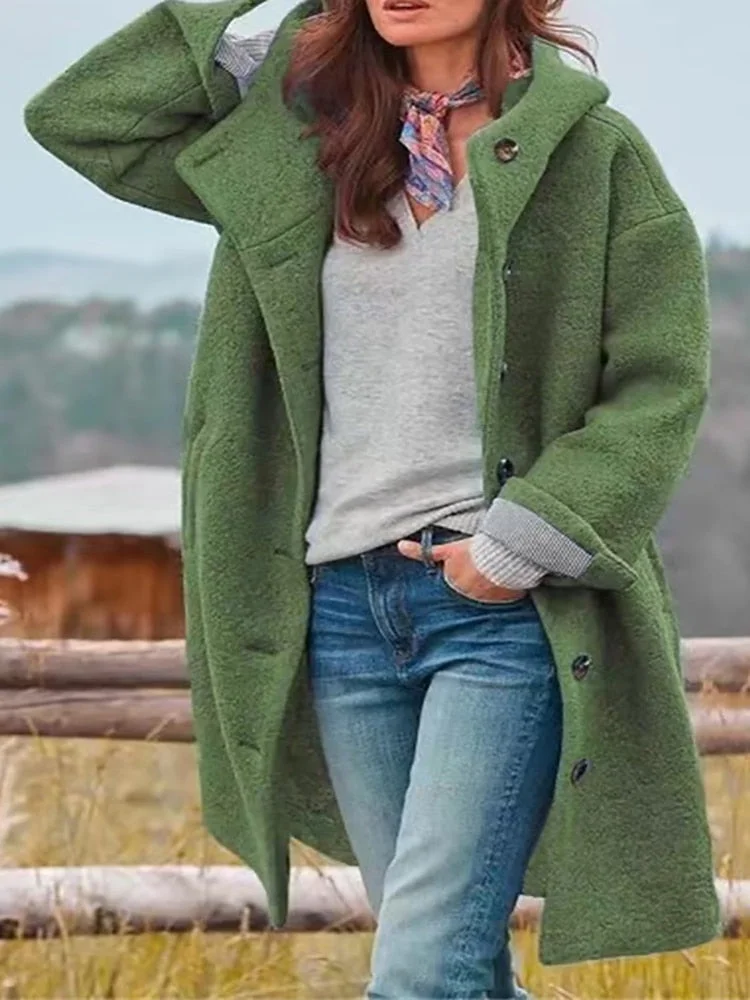 Peneran Women Autumn Winter 2023 Elegant Woolen Blends Long Sleeve Coat Lady Single Breasted Casual Hooded Jacket Trend Solid Streetwear