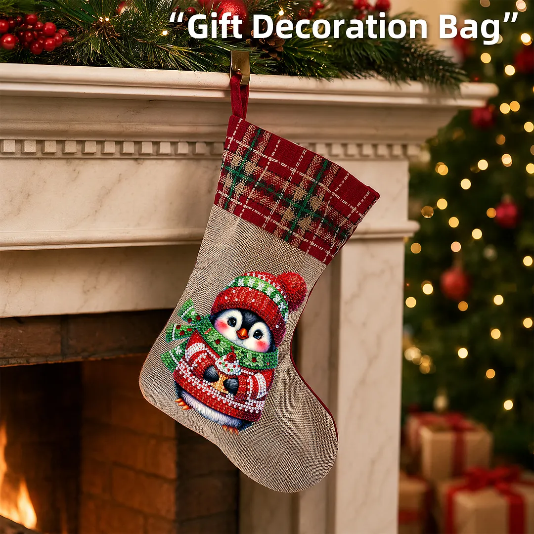 DIY Diamond Painting Christmas Stockings Hanging Ornaments Large Capacity Xmas Socks Pendant Wear Resist Candy Gift Storage Bags for Family Christmas Holiday Party Decoration (Christmas penguin)