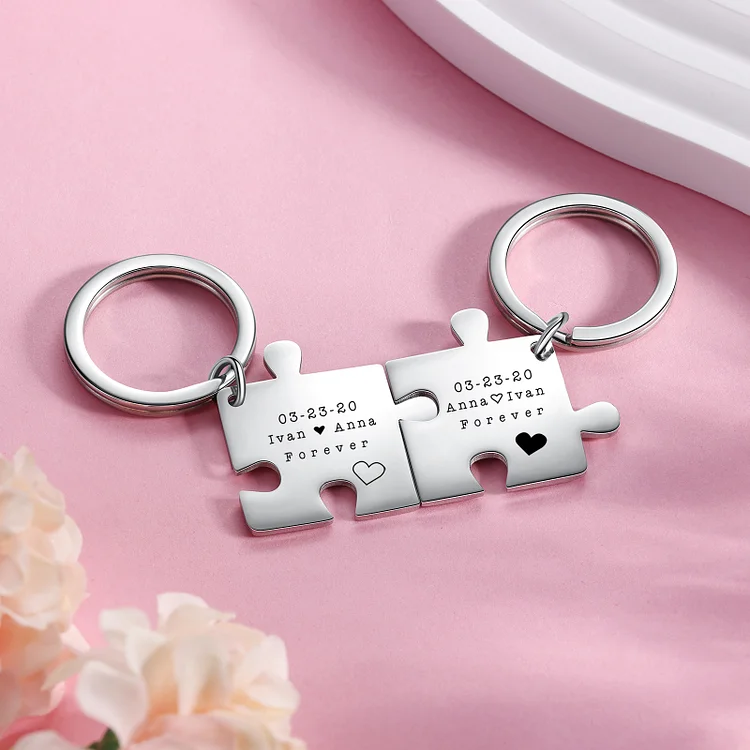 Personalized Puzzle Couple Keychain Set Engrave Name Matching Couple Gifts