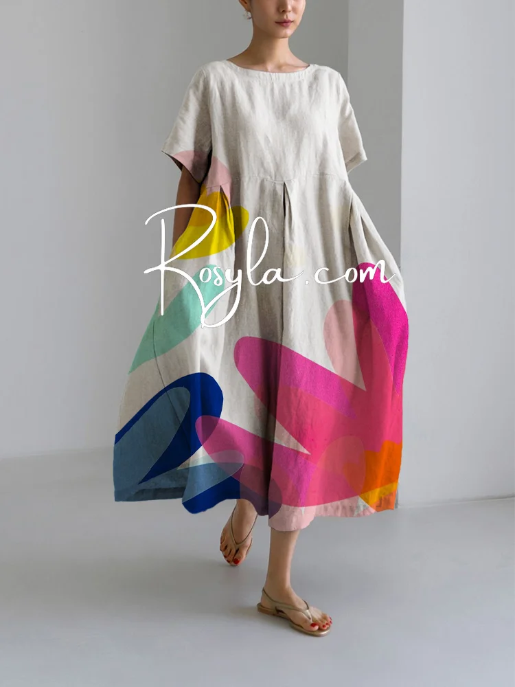 Women's Leisure Flory Printing Loose Round Neck Medium Length Skirt Dress