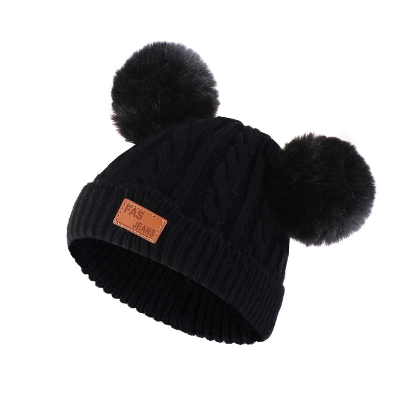 Autumn And Winter Children’s Thickened Wool Hat Ear Double Hair Ball Warm Ear Protection Knitted Hat Set With Standard Solid Color Hat