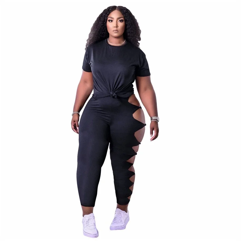S-4xl Plus Size Two Piece Women Wholesale Pants Sets Casual Short Sleeve Hollow Out Side Leggings Summer Clothing Dropshipping