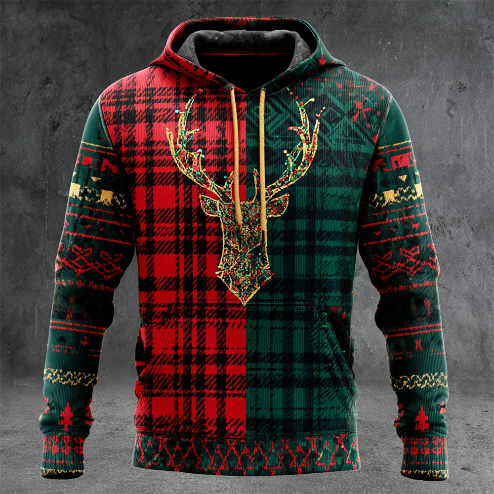 Christmas Elk & Plaid Art Men's Knit Hooded Sweatshirt elevenforest