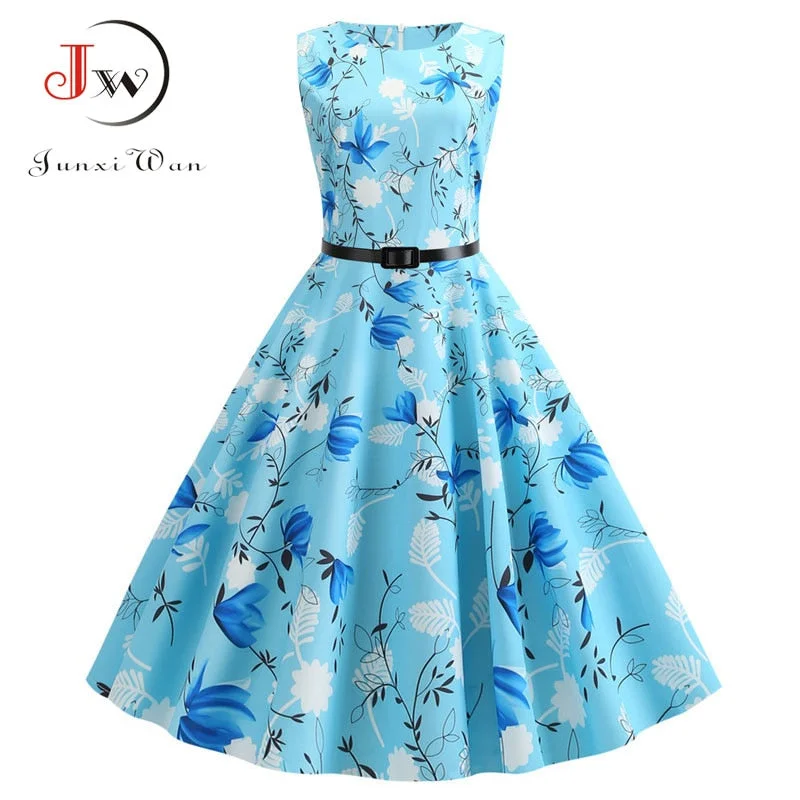 Floral Printed Women Summer Dresses 2022 Elegant O-neck Sleeveless Tank Robe Vintage Rockabilly Dress Pinup Swing with Belt