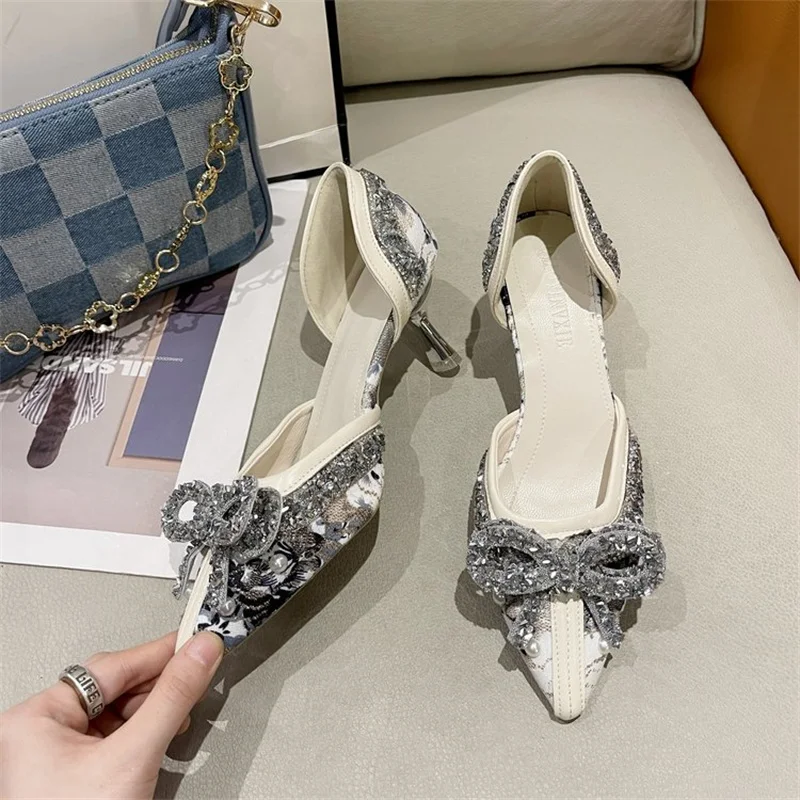 Colourp Pearl Crystal Bowtie White Wedding Shoes Women 2023 Autumn Brand Designer High Heels Pumps Woman Thin Heeled Party Shoes