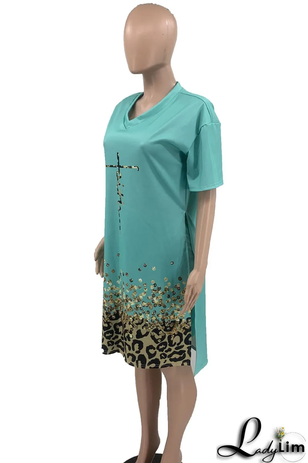 Deep Blue Casual Street Print Patchwork V Neck Short Sleeve Two Pieces