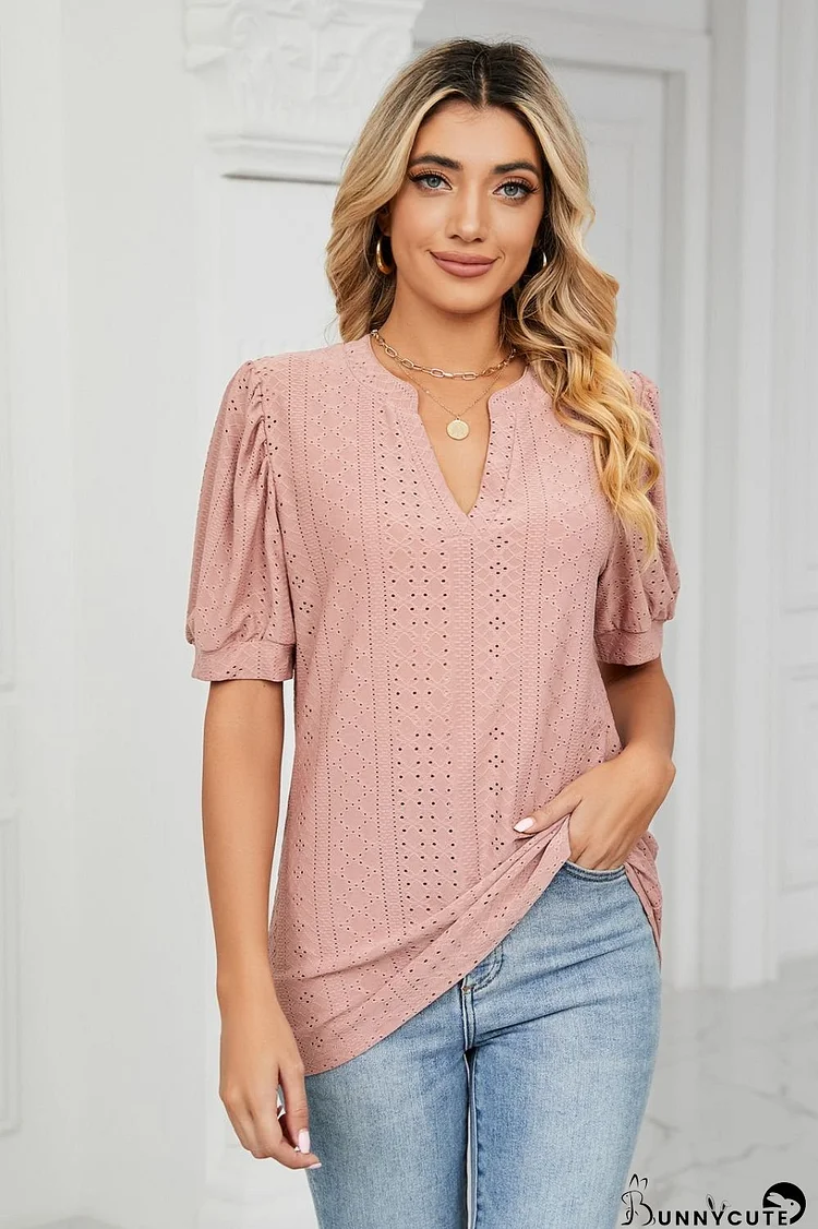 Eyelet Short Puff Sleeve Notched Neck Top
