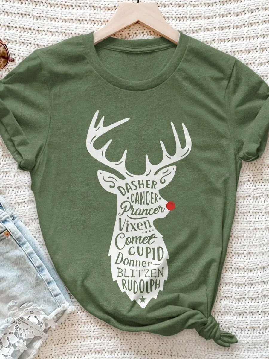 Eagerlys Reindeer Christmas Print Short Sleeve T-shirt Eagerlys