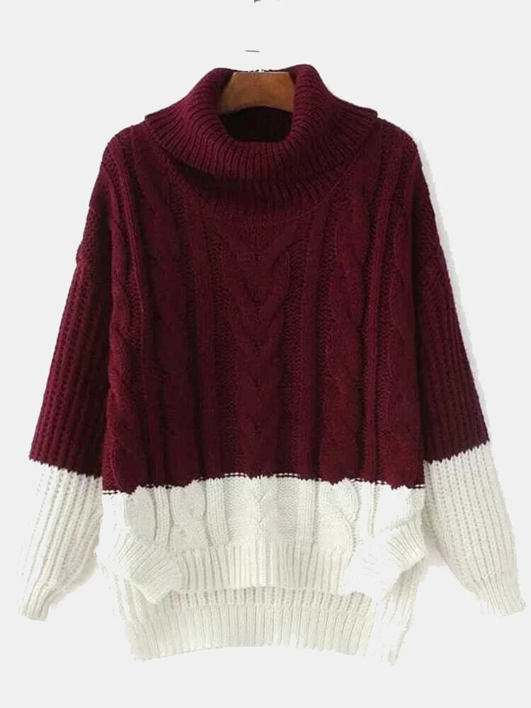 Women Contrast Color Patchwork High Neck Loose Casual Sweater