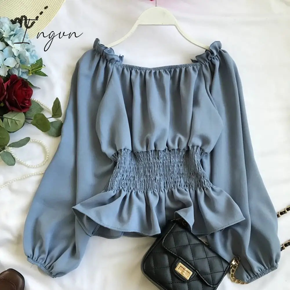 Ingvn - Youth Elegant Blouse Women Chiffon Fashion Off Shoulder White Shirt Ruffle Puff Sleeve Top