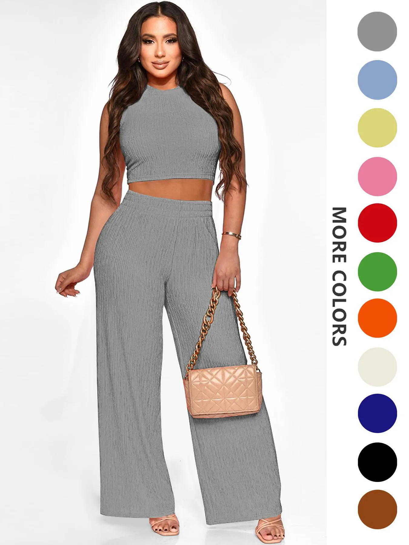Two-Piece Set Women's Solid Textured Knit Fabric Co-ord Set Suits, Casual Round Neck Crop Tank Top & High Waist Wide Leg Pants Set, Ladies Summer Fit Clothes for Daily Wear, Womenswear Two-Piece Set Women's Solid Textured Knit Fabric Co-ord Set Suits, Casual Round Neck Crop Tank Top & High Waist Wide Leg Pants Set, Ladies Summer Fit Clothes for Daily Wear, Womenswear