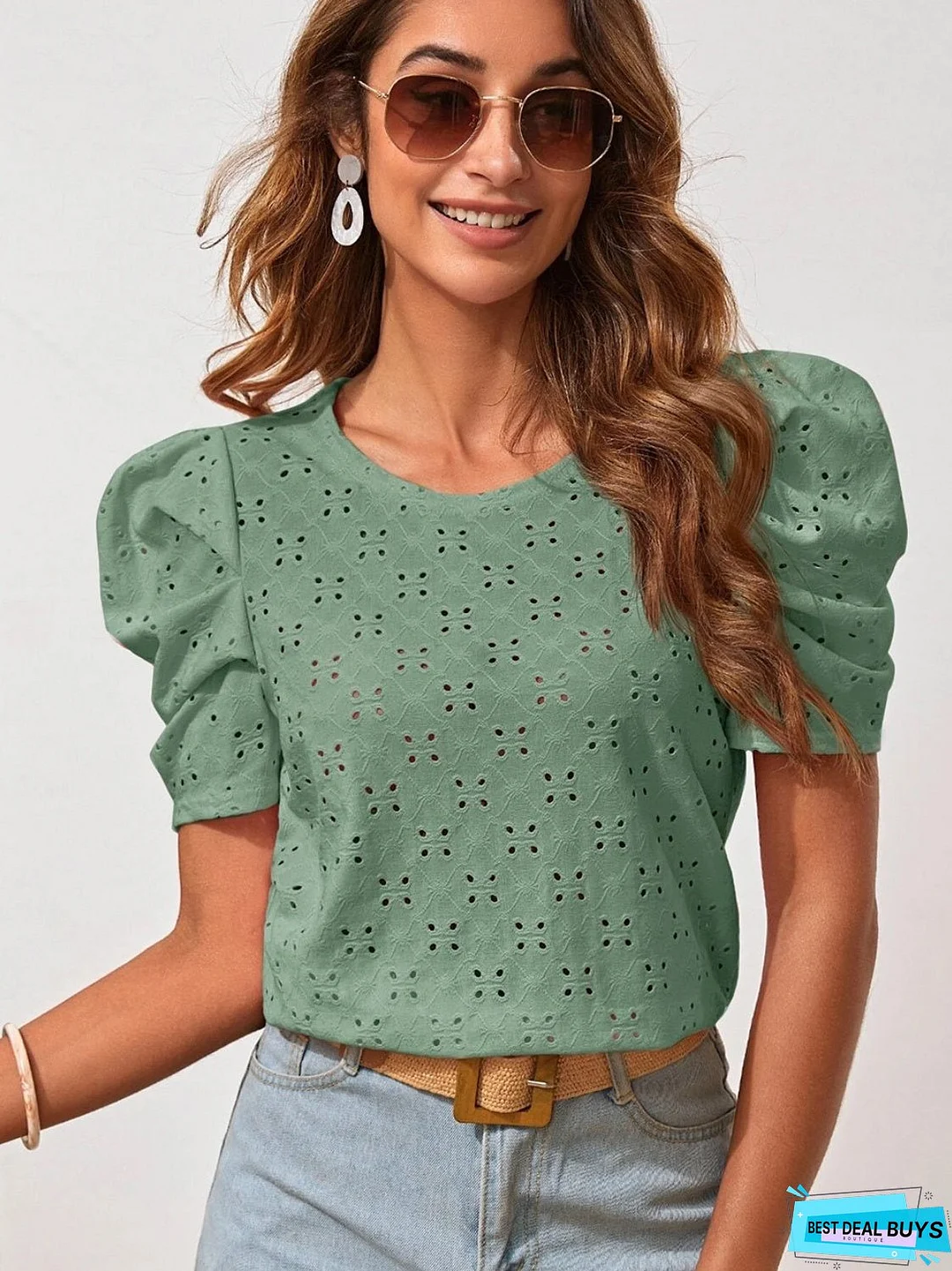 Eyelet Round Neck Puff Sleeve Blouse