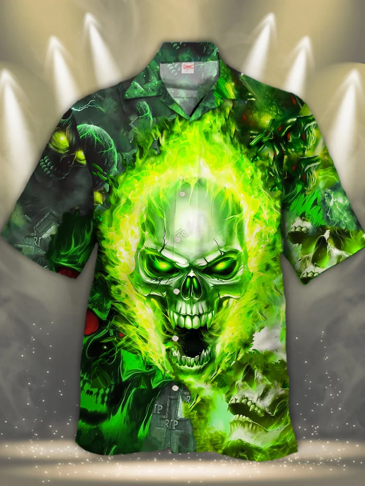 Eye-Catching Amazing Style Green Fire Monster Skeleton Printing Cuban Collar Hawaiian Short Sleeve Shirt