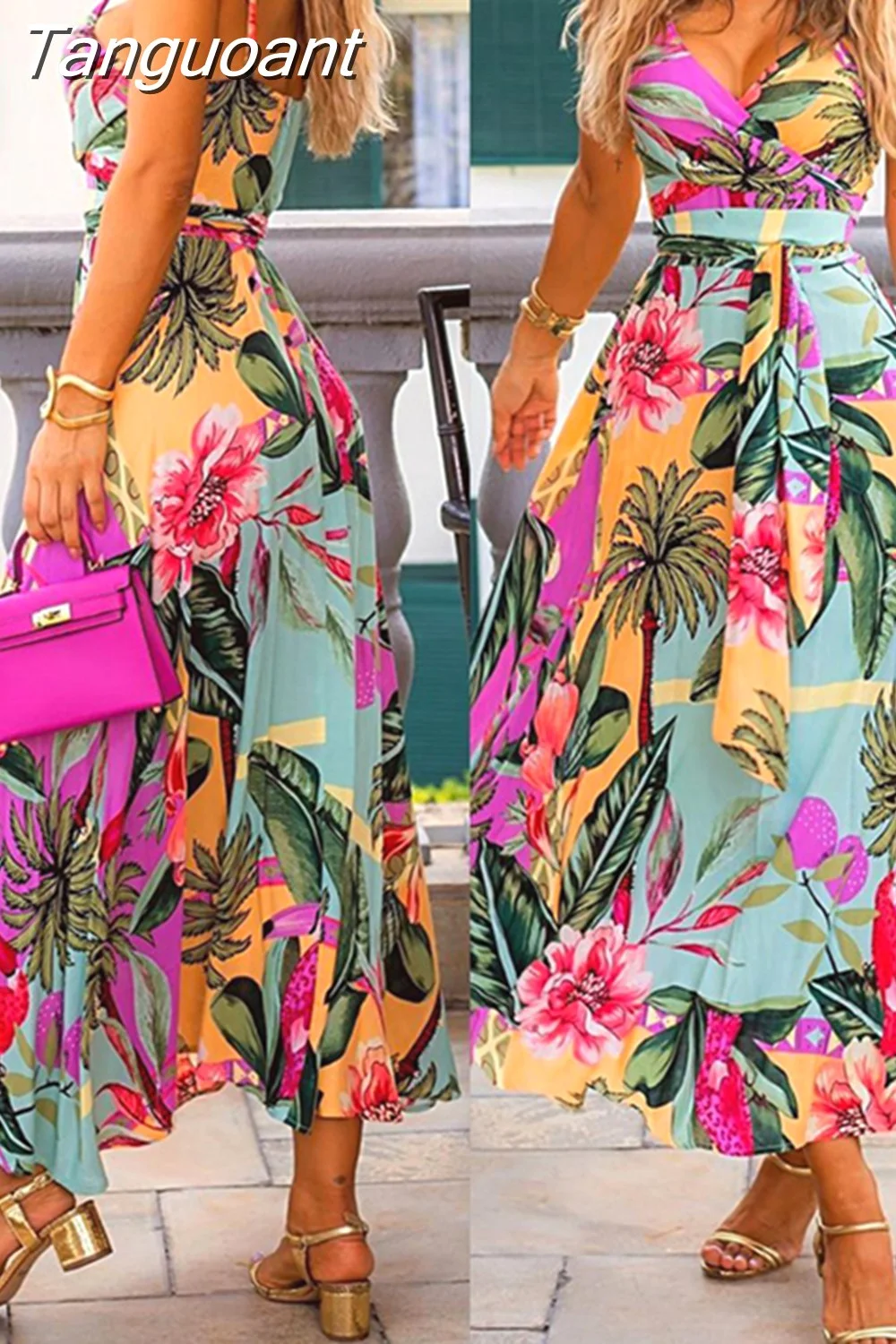 Tanguoant Summer Women Casual Look Sexy Beach Wear Open Back Dress Sleeveless Tropical Print V-Neck Maxi Dress With Belt