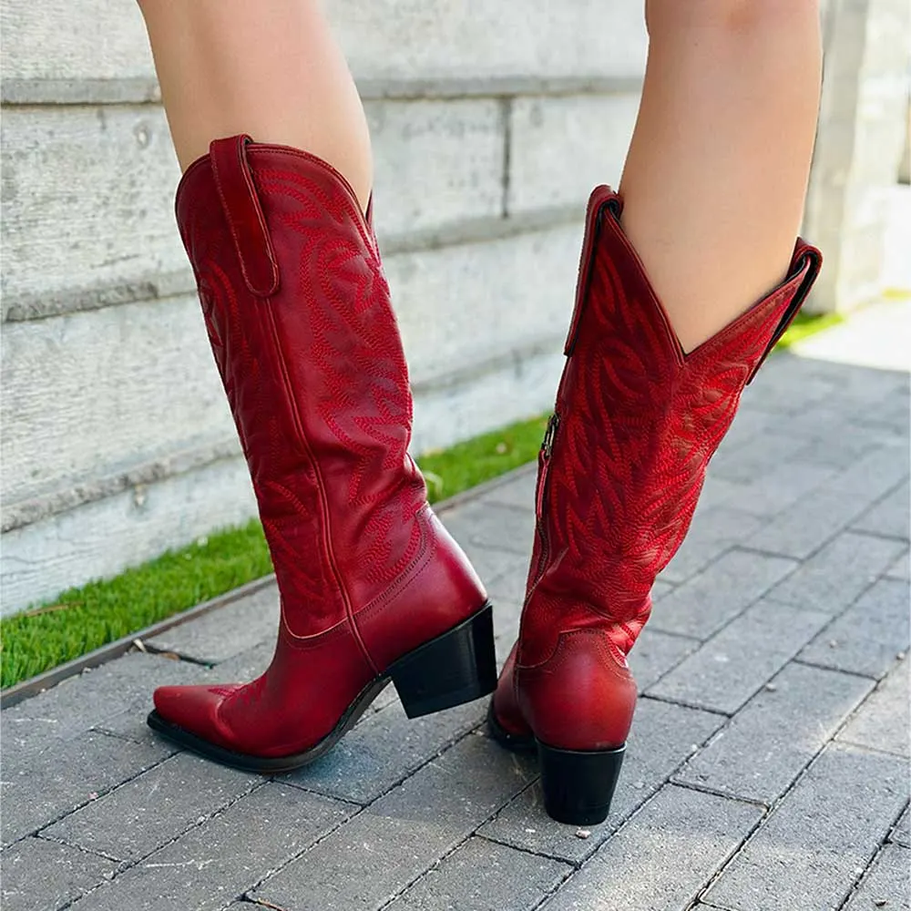Distressed Block Heel Snip Toe Embroidered Red Cowgirl Boots