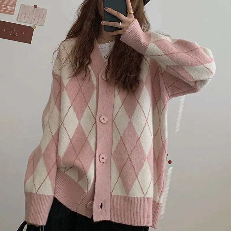 Korean Oversize Cardigan Tops Women Knitted Sweater Argyle Cardigan Loose Single Breasted Students V-neck Lovely Knitwear 17068