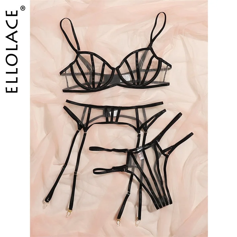 Ellolace Sexy Lingerie Exotic Costumes Push up Set Woman 3 Pieces Underwire Erotic Lingerie Underwear Set Transparent Underwear