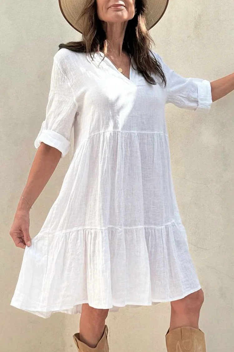 V Neck Half Sleeve Pleated Quilted Linen Mini Dresses [Pre Order]