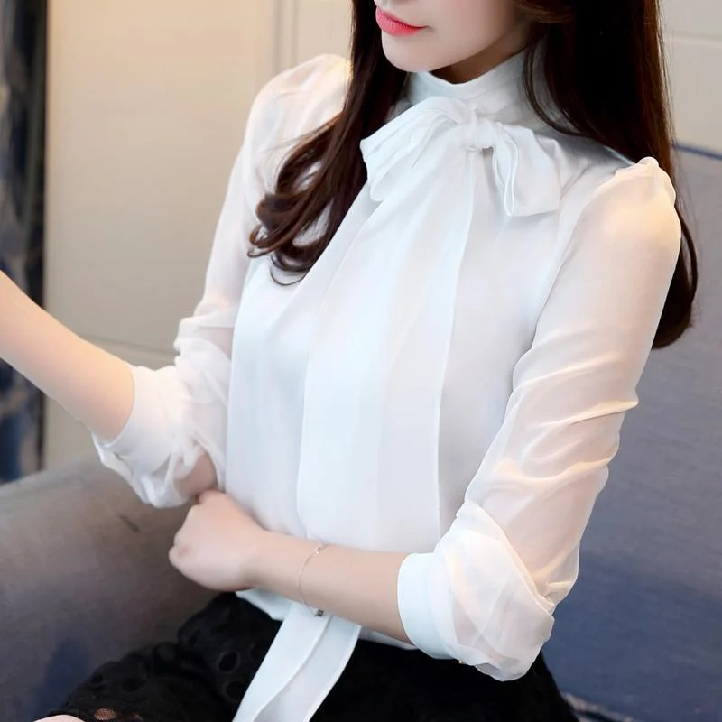 Black Grey Pink White Thin Shirts Women Bow Chiffon Blouses Plus Size Ladies Office Work Wear Tops Elegant Korean Style Clothing