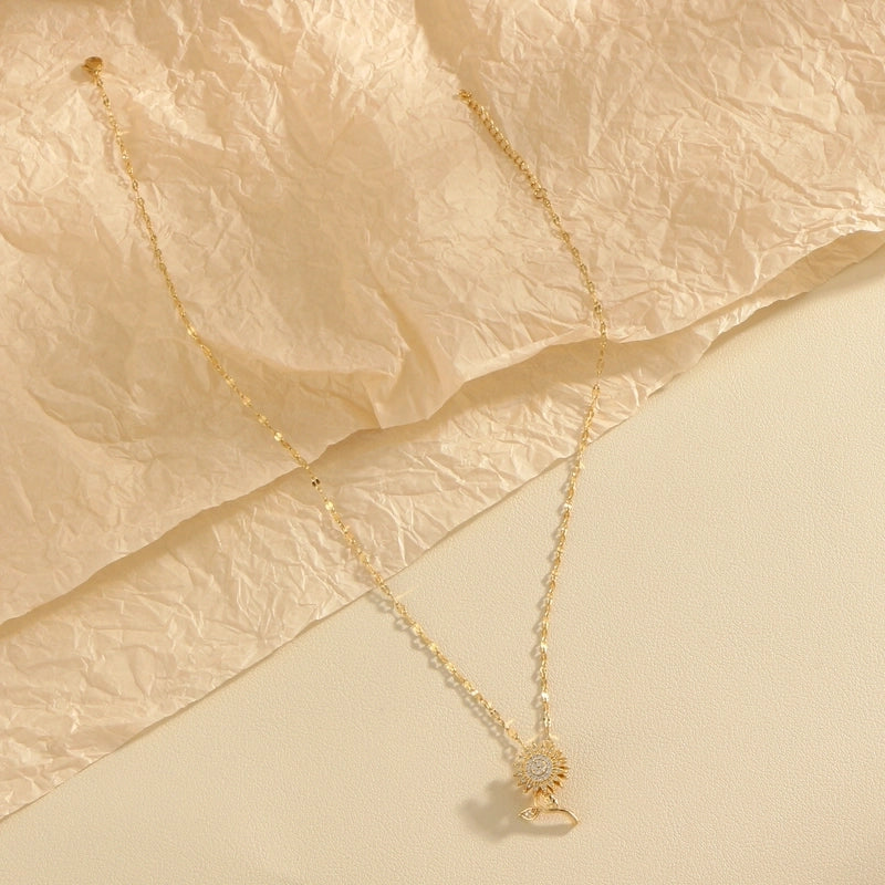 304 Stainless Steel Copper 18K Gold Plated Inlay Sunflower Zircon Pendant Necklace