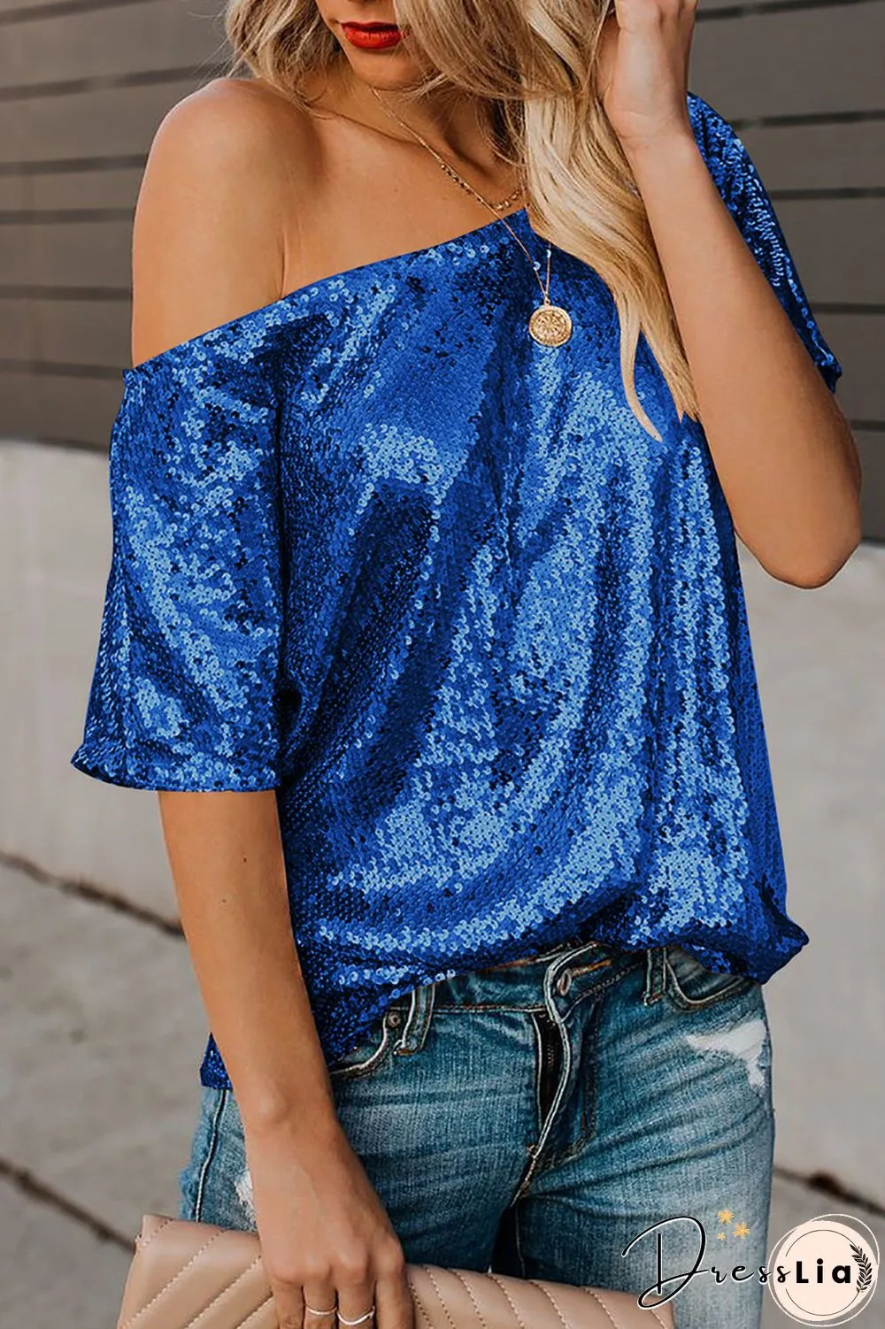 Sequined Skew Neck Short Sleeve T-Shirt