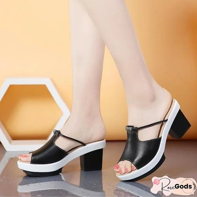 Summer Women Leather Slip On Slippers Casual Mature Square Heel Sandals