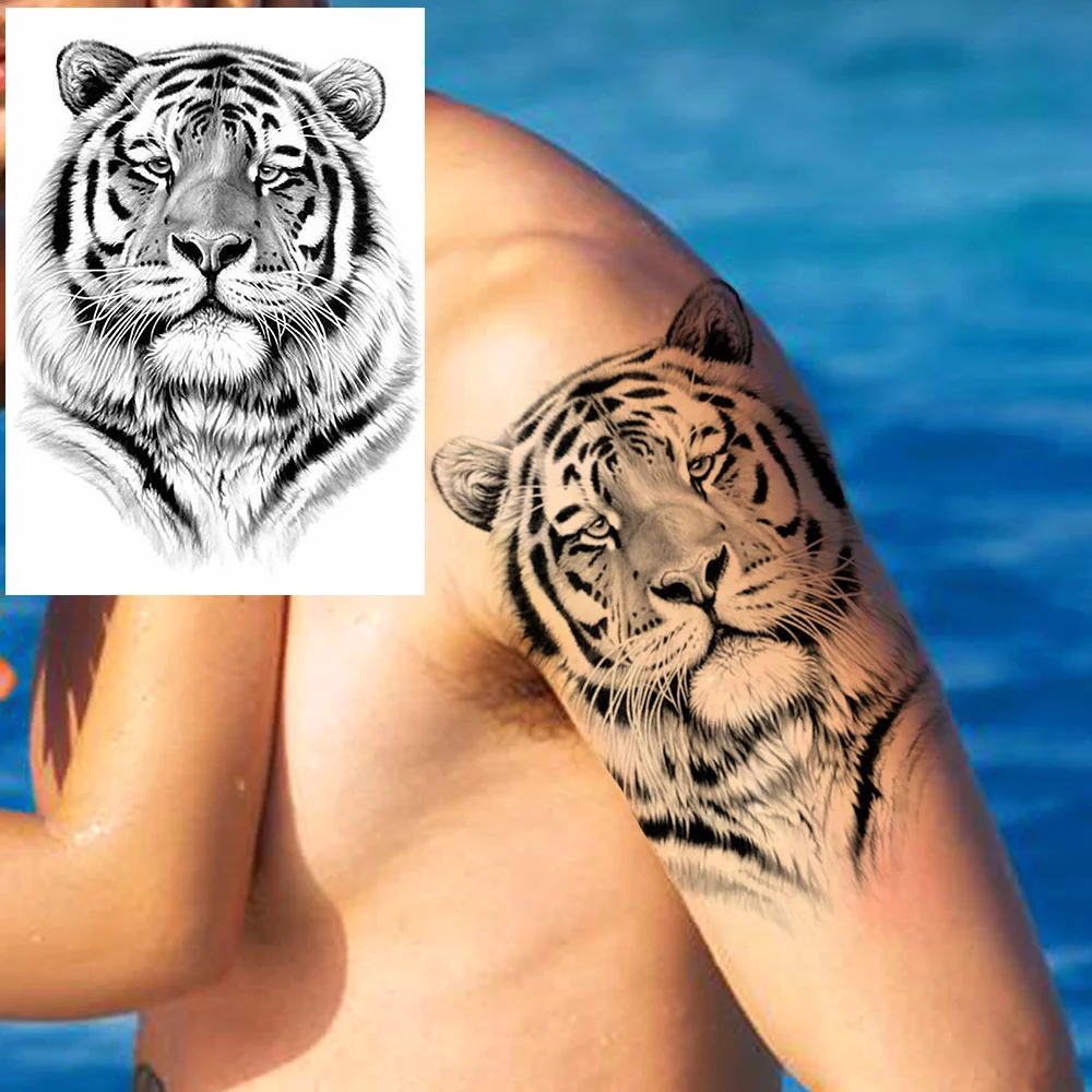 Sdrawing High Quality Lion Tiger Temporary Tattoos For Men Boys Realistic Fake Black Waterproof Tattoos Decal For Adult Party Supplies