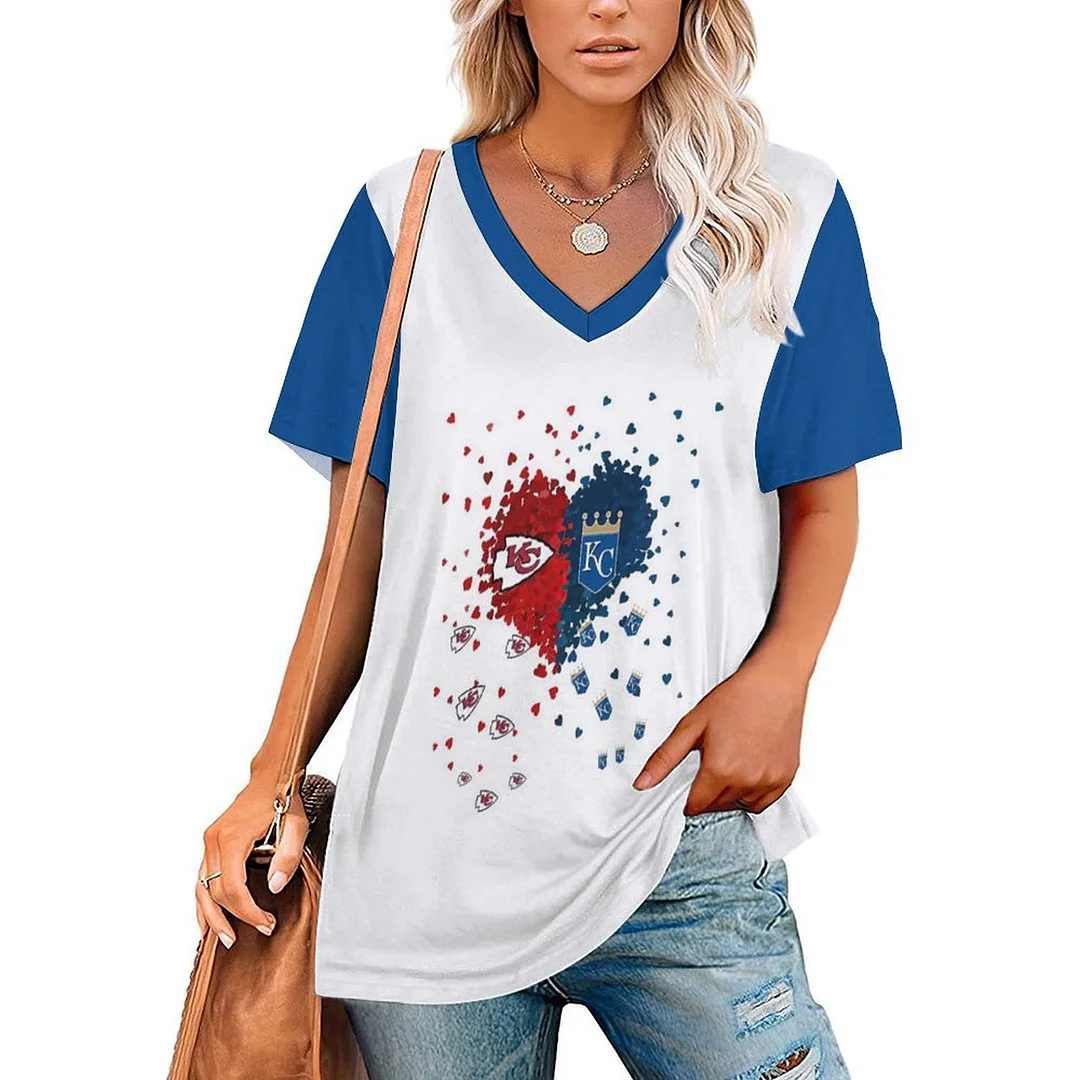 V-neck Short Sleeve Casual T-shirt for  Women Printed with Pattern,Blue,Light Blue,Gold,White