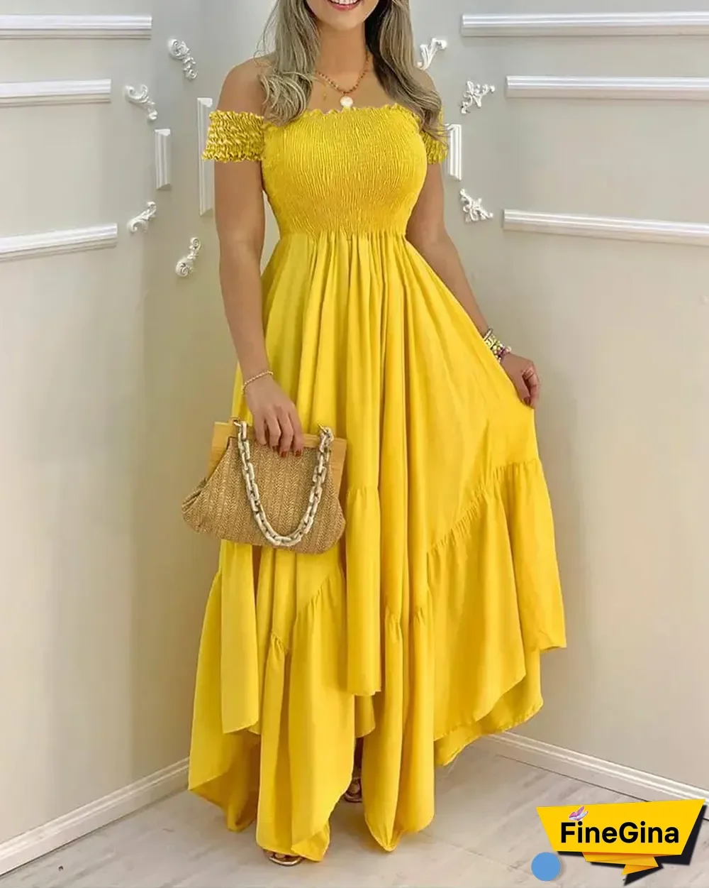 Off Shoulder Shirred Ruffles Maxi Dress