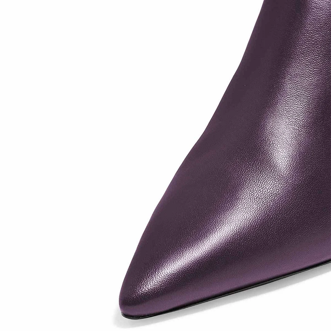 Purple Kitten Heel Pointed Toe Back Zipper Short Boots for Women