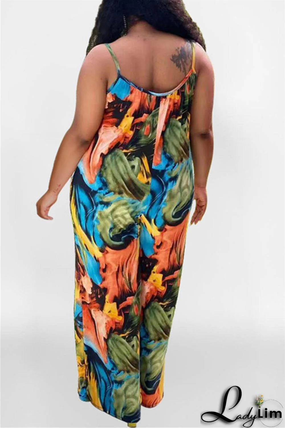 Coffee Sexy Casual Print Backless Spaghetti Strap Plus Size Jumpsuits