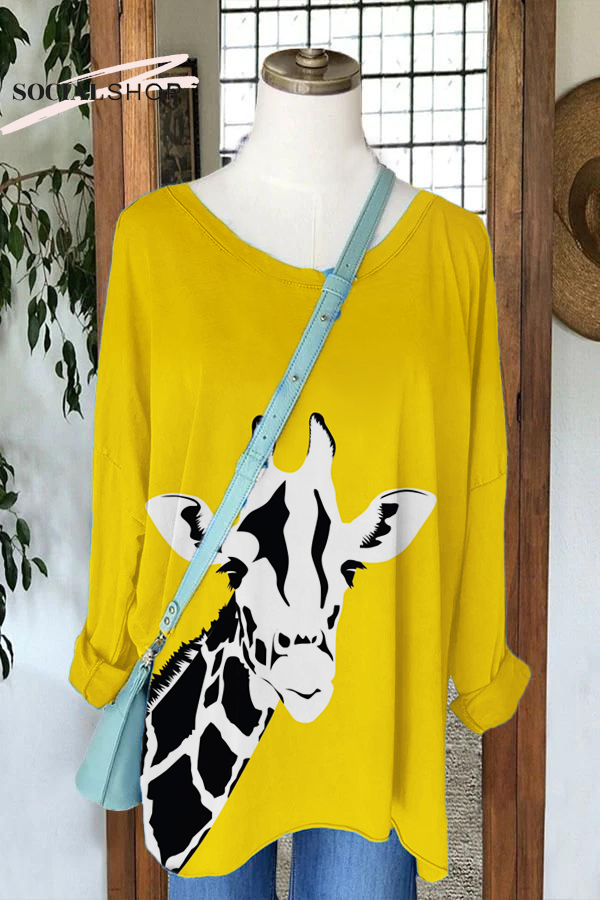 Women's Giraffe Animal Print Round Neck Long Sleeve T-Shirt socialshop