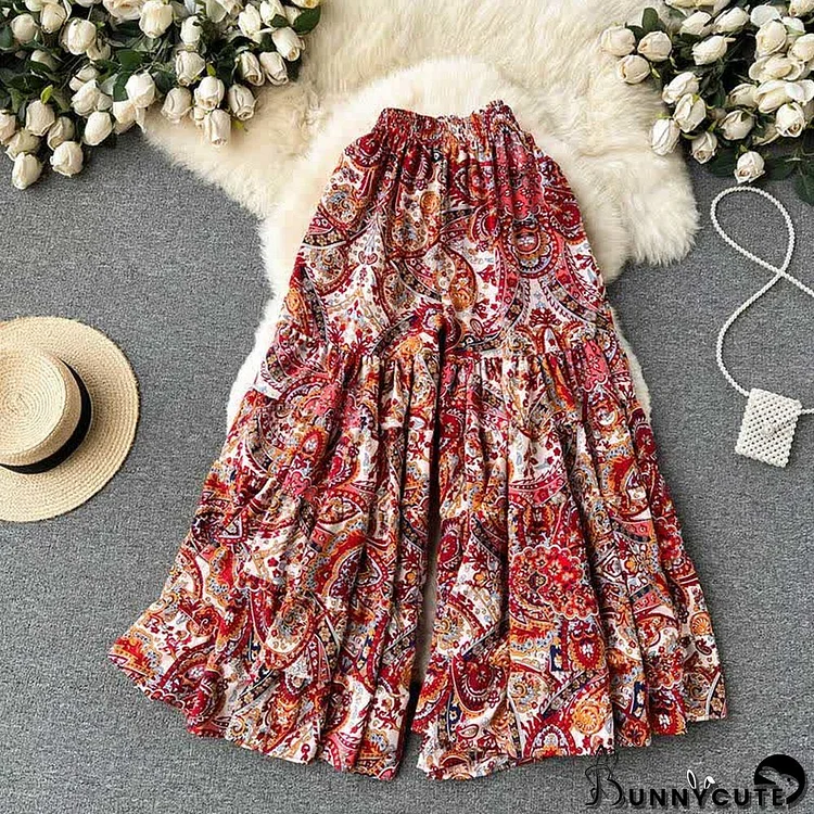 High Waist Printed Flowy Boho Wide Leg Casual Pants