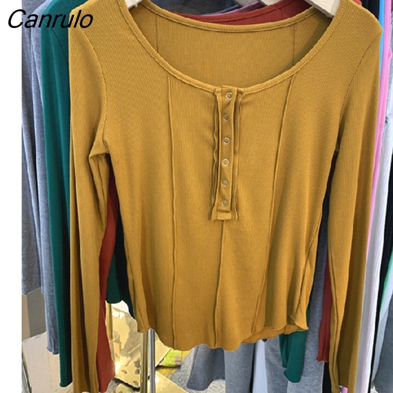 Canrulo Sleeve T-shirts Women Solid Skinny Crop Tops Bright Line O-neck Sexy Korean Style All-match Daily Casual College Fashion