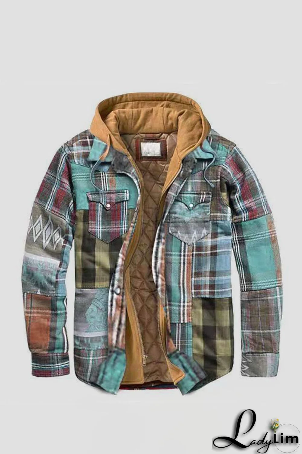 Brown Casual Plaid Draw String Zipper Hooded Collar Outerwear