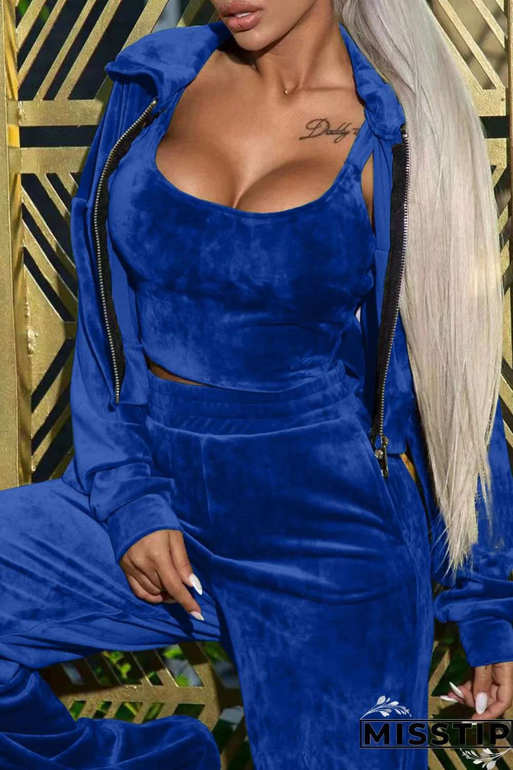 Blue Casual Solid Patchwork Hooded Collar Long Sleeve Three-piece Set