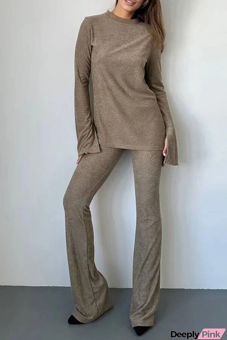 Solid Flares Sleeve Knit Tops Long Pants Set