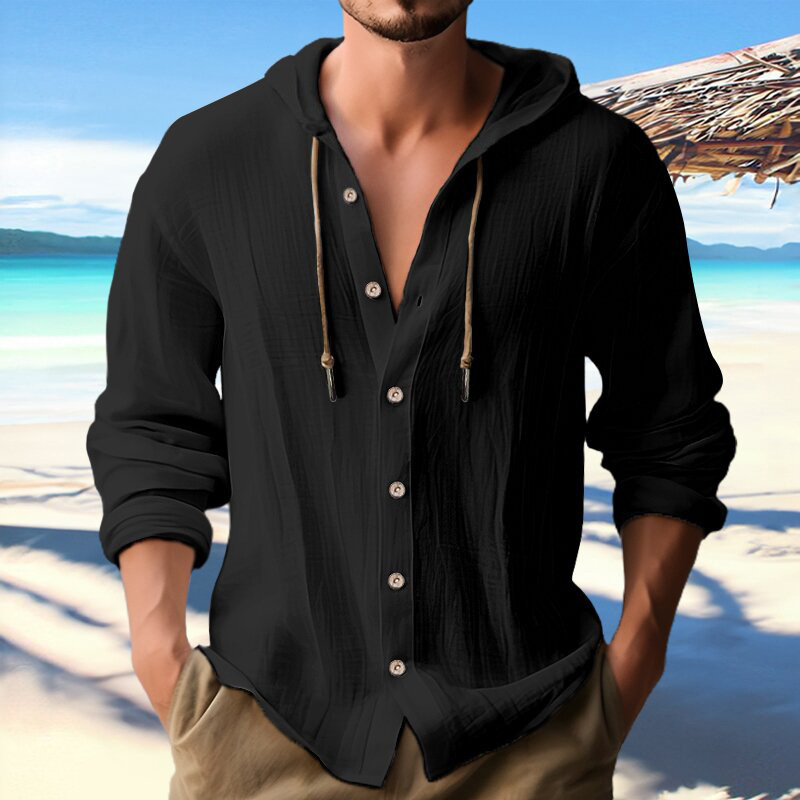 Men'S Vintage Hooded Buttoned  Linen Blend Comfy Shirt  artssus